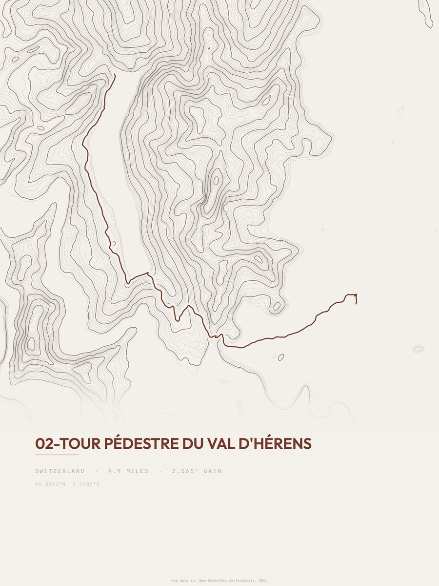 02-Tour pédestre du Val d'Hérens topographic trail print
