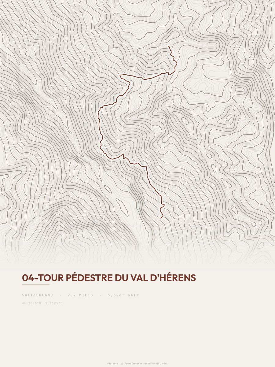 04-Tour pédestre du Val d'Hérens topographic trail print