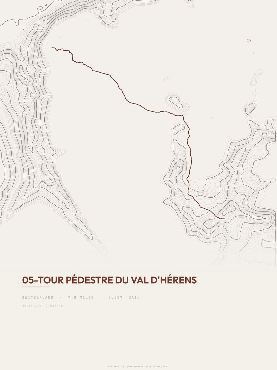 05-Tour pédestre du Val d'Hérens topographic trail print