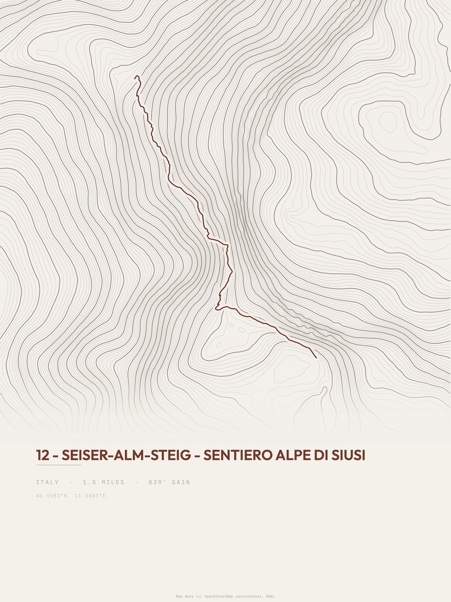 Sentiero Alpe di Siusi topographic trail print
