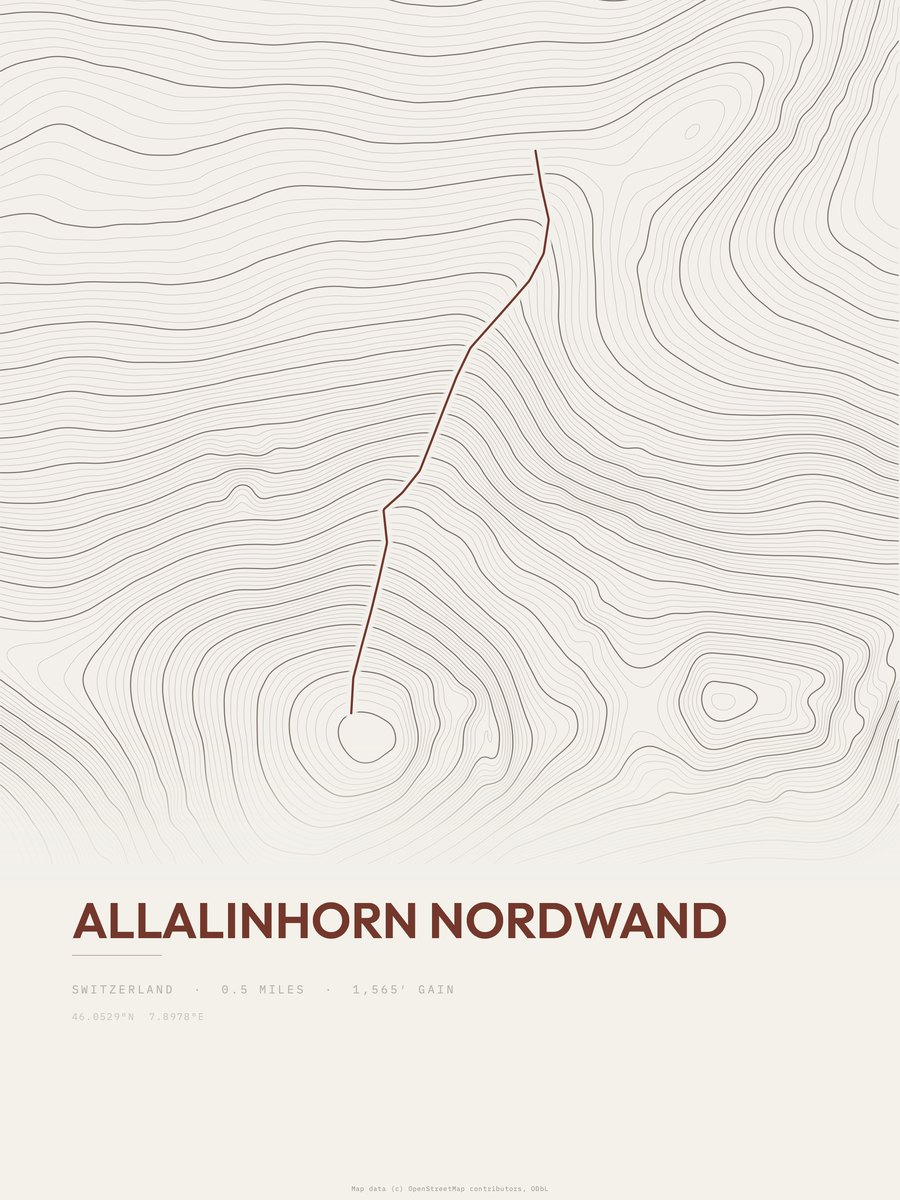 Allalinhorn Nordwand topographic trail print