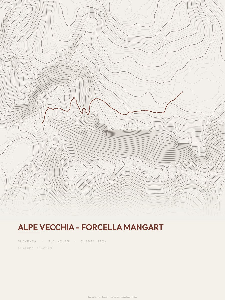 Alpe Vecchia - Forcella Mangart topographic trail print