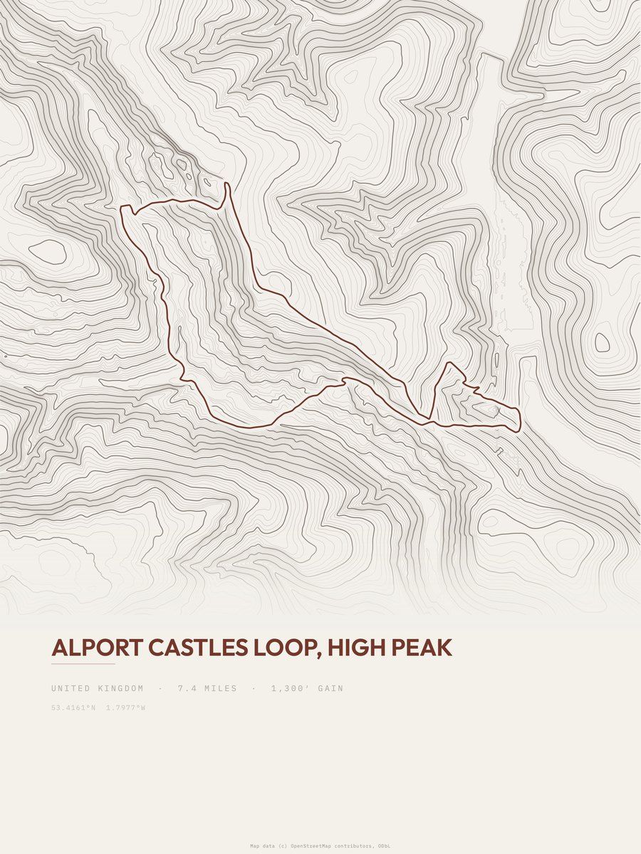 Alport Castles Loop topographic trail print