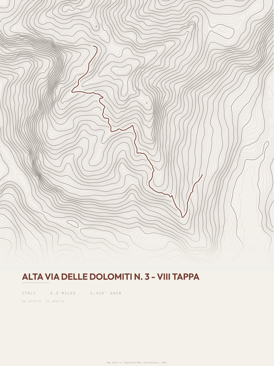 Alta Via delle Dolomiti 3 topographic trail print