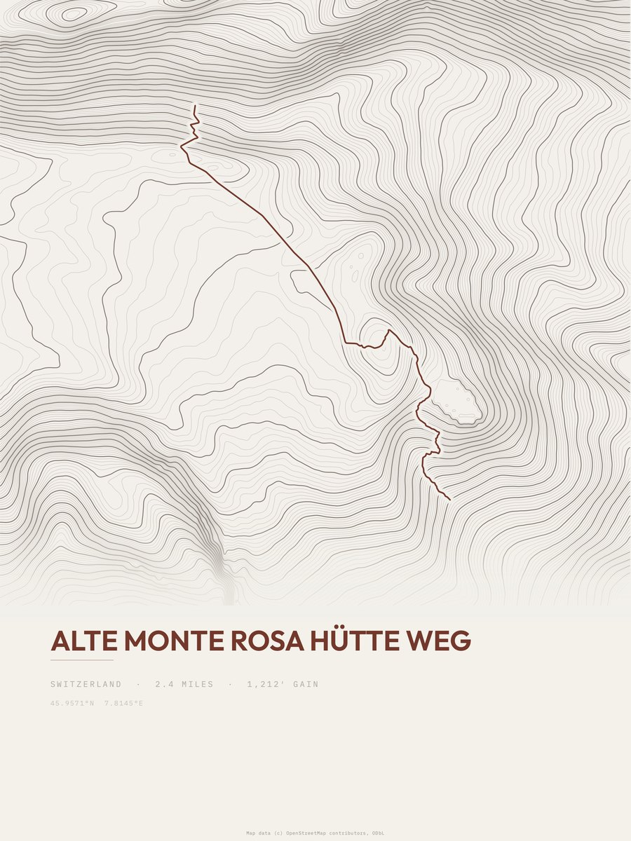 Alte Monte Rosa Hütte Weg topographic trail print