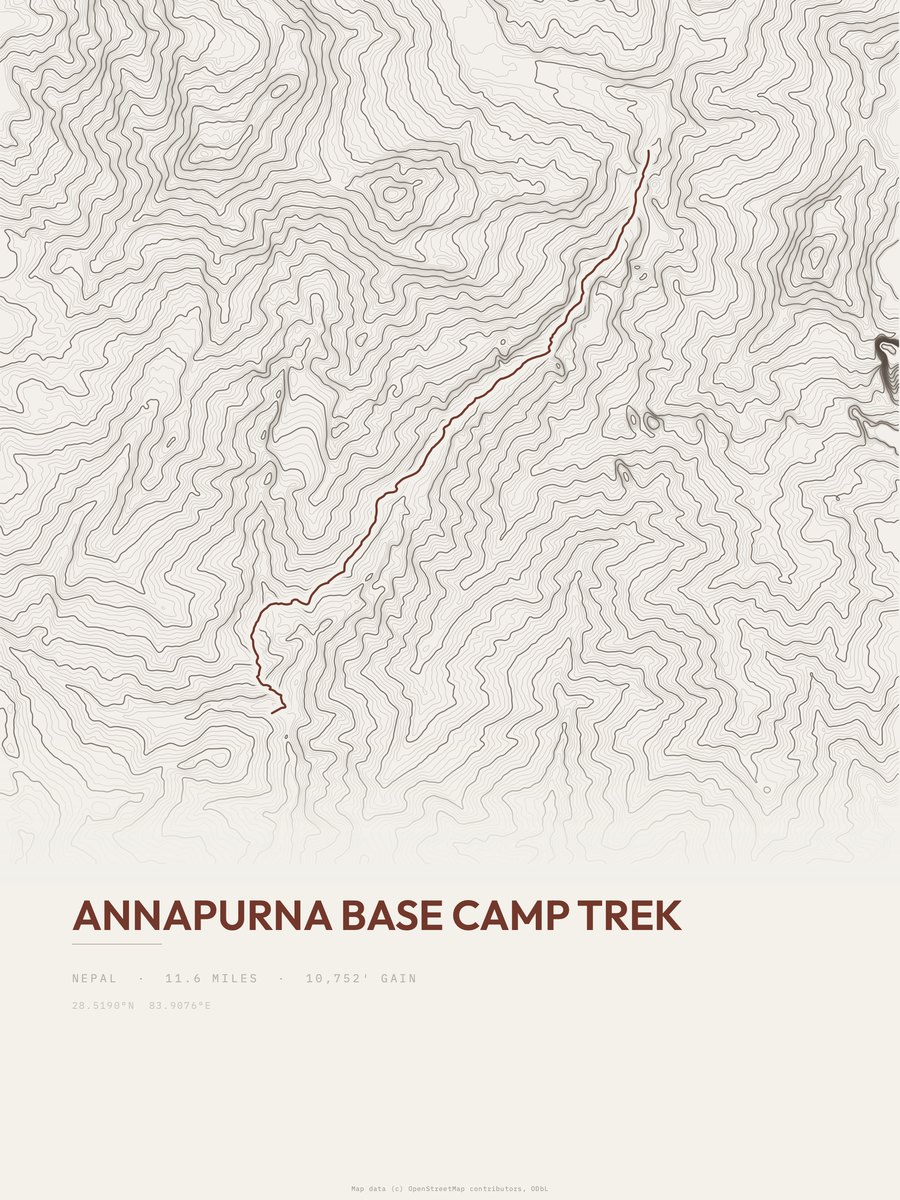 Annapurna Base Camp Trek topographic trail print
