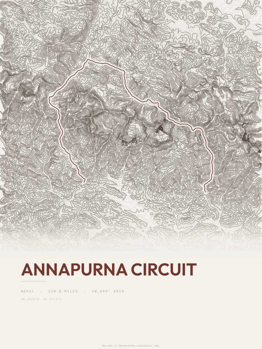 Annapurna Circuit topographic trail print