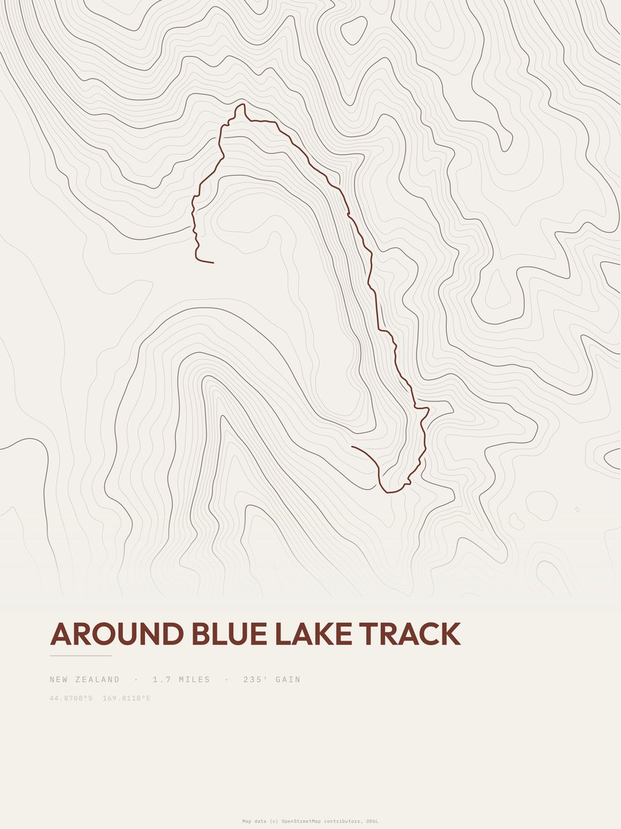 Around Blue Lake Track topographic trail print