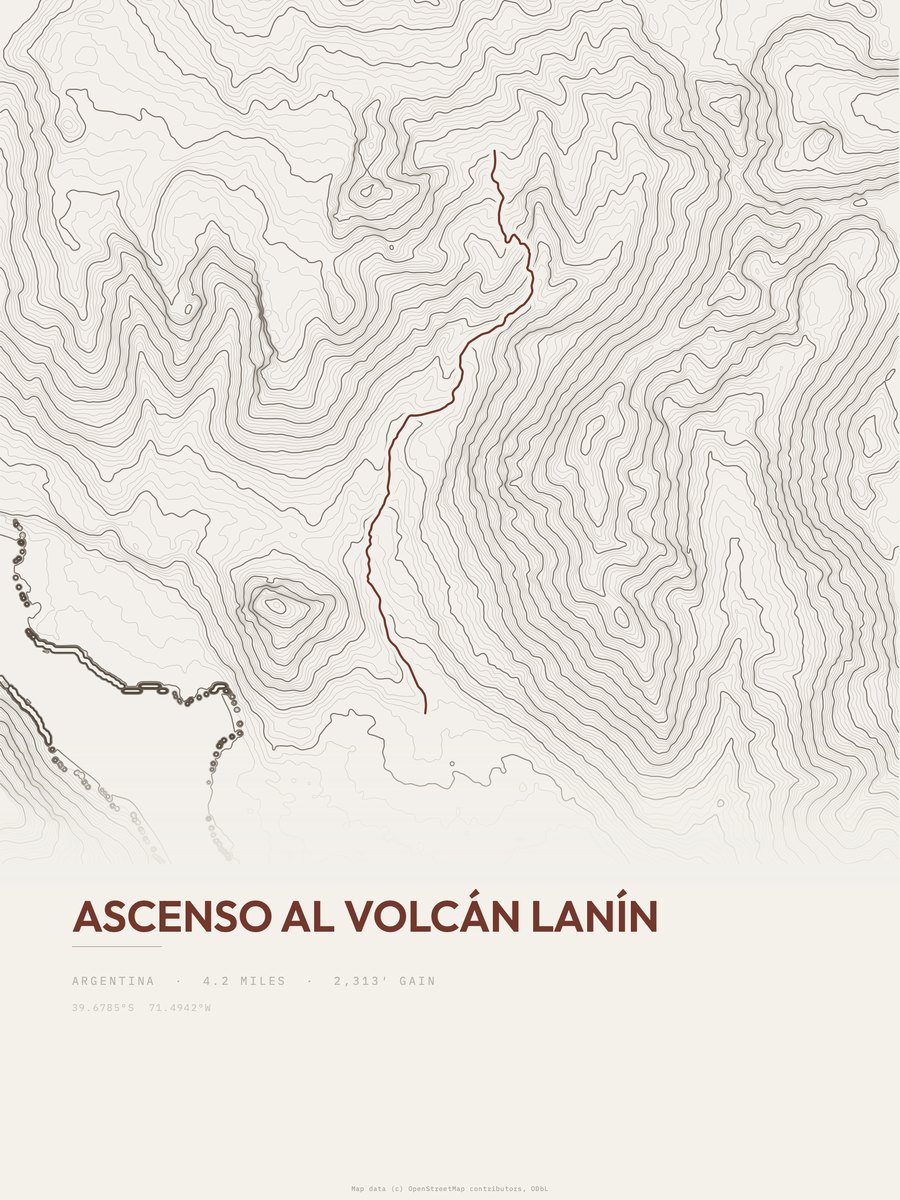 Ascenso al Volcán Lanín topographic trail print