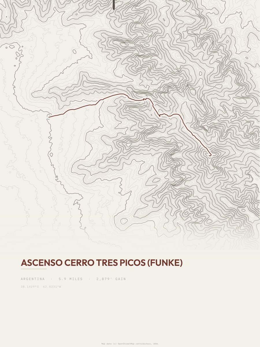 Ascenso Cerro Tres Picos (Funke) topographic trail print
