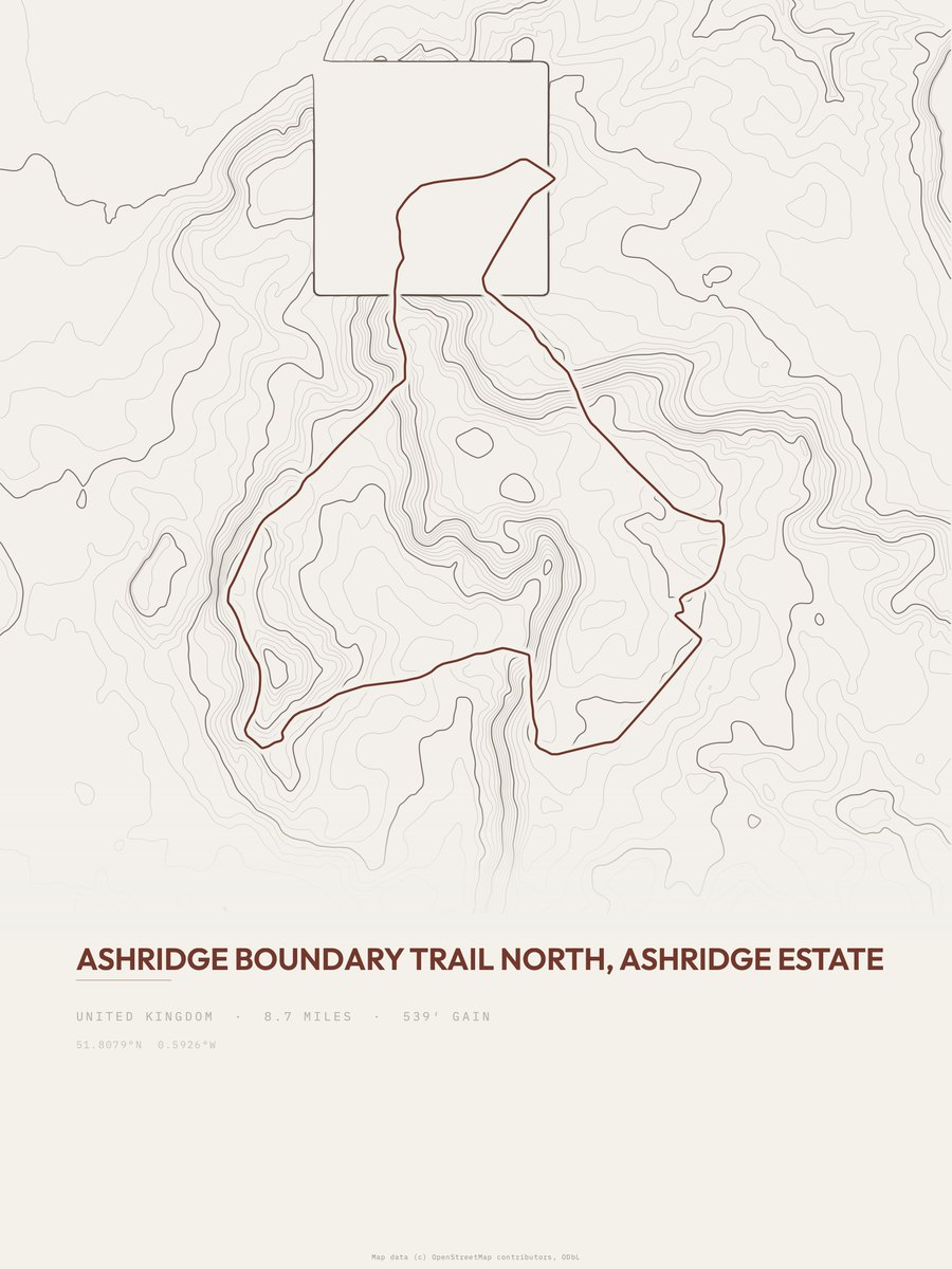Ashridge Boundary Trail North topographic trail print