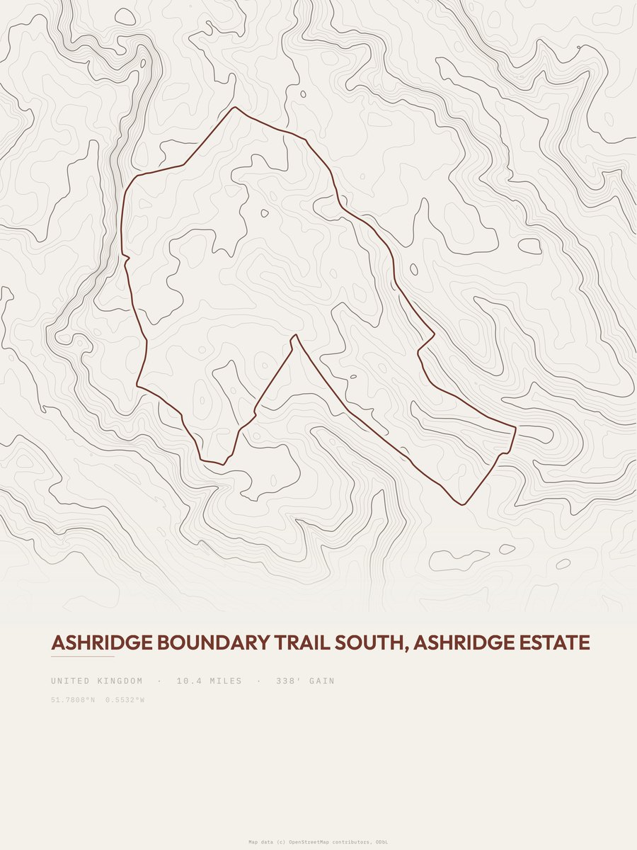 Ashridge Boundary Trail South topographic trail print