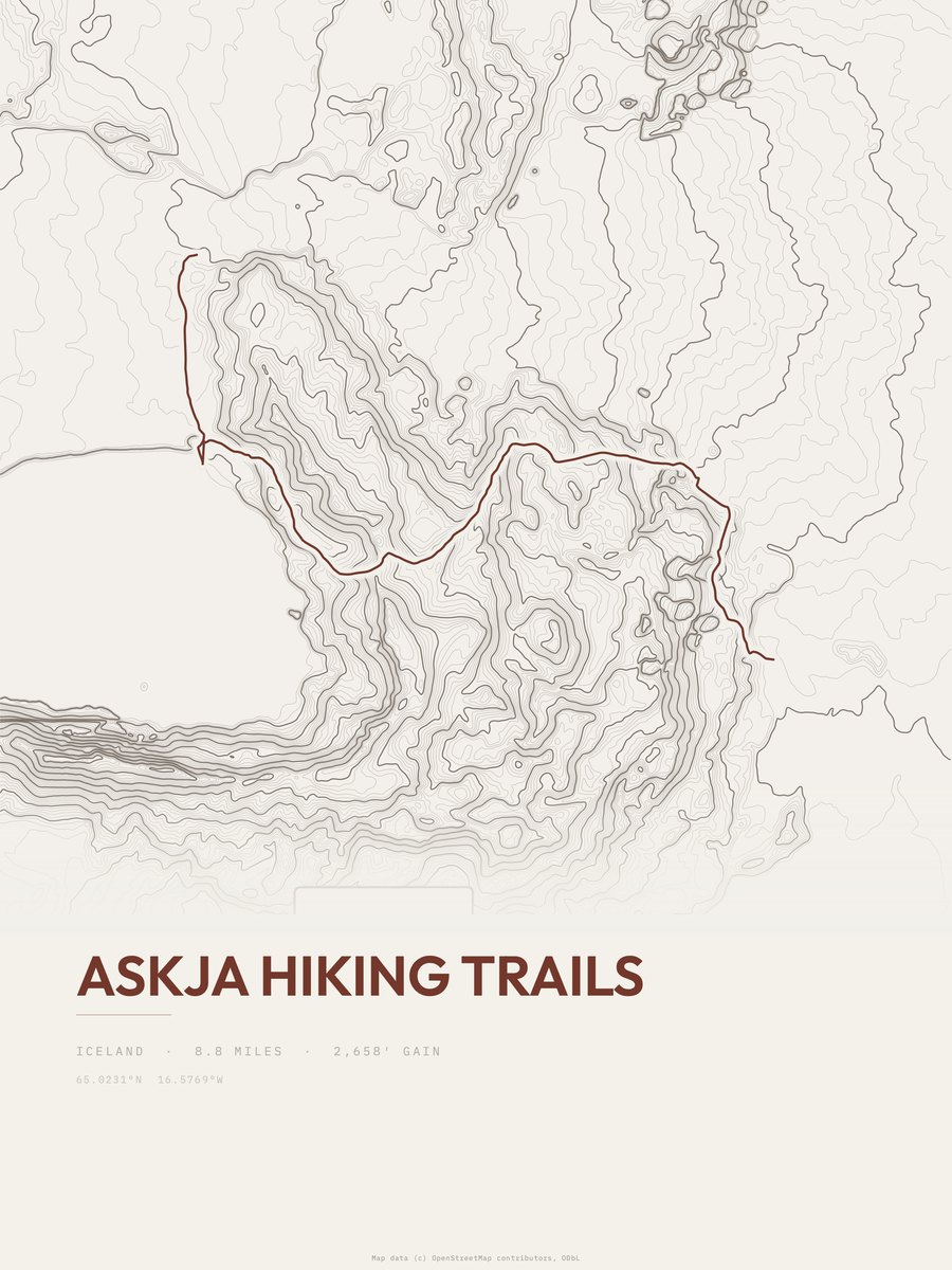 Askja hiking trails topographic trail print