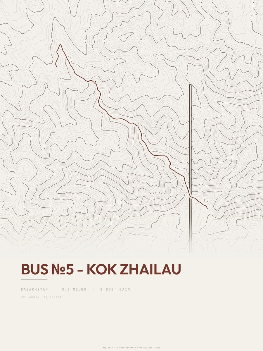 Bus №5 to Kok Zhailau topographic trail print