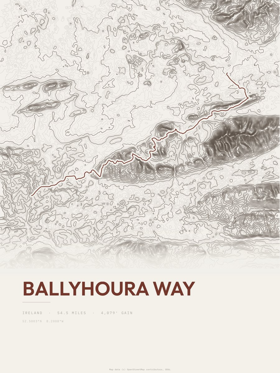 Ballyhoura Way topographic trail print