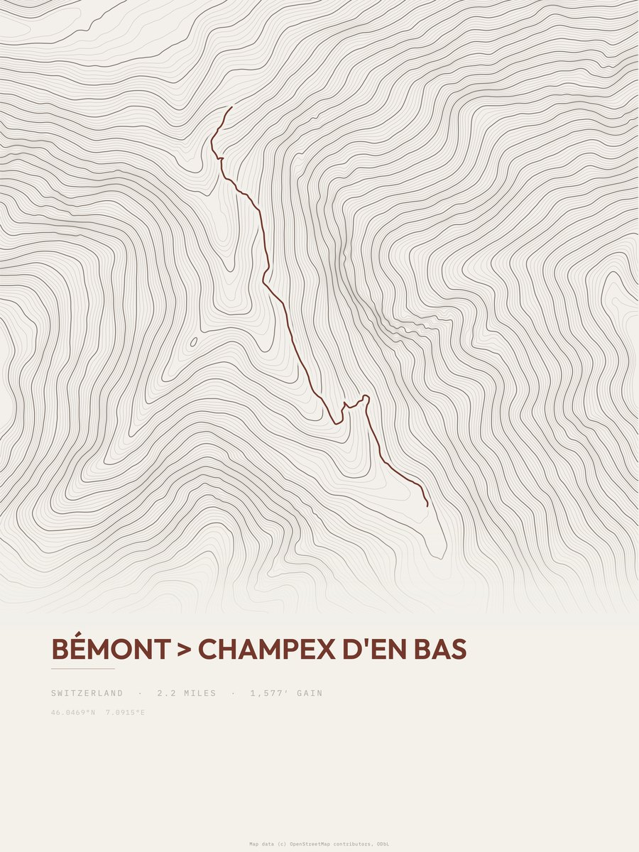 Bémont to Champex d'en Bas topographic trail print