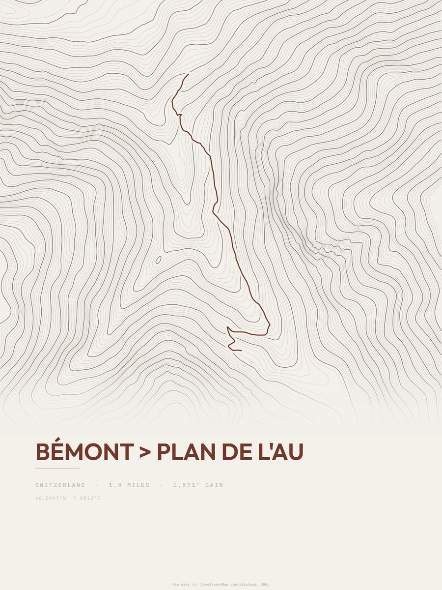 Bémont to Plan de l'Au topographic trail print