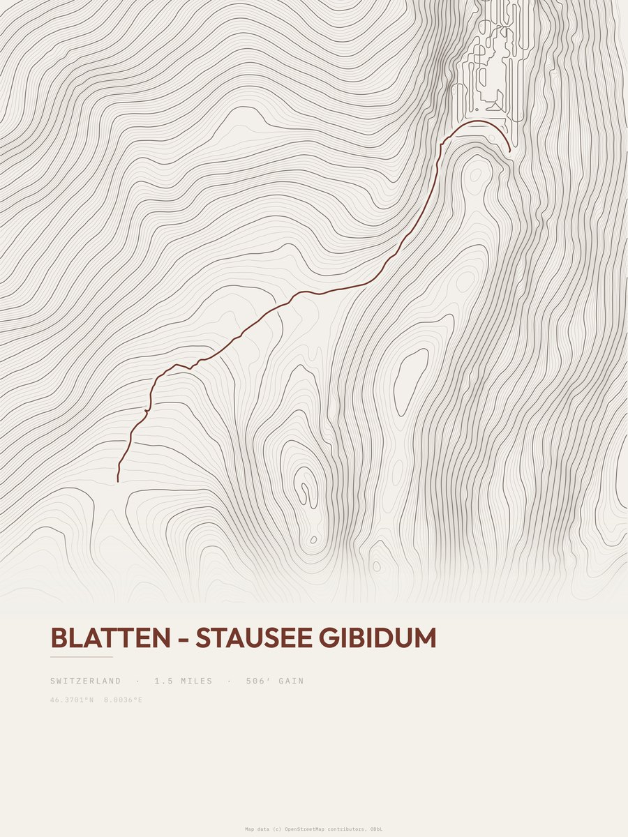 Blatten - Stausee Gibidum topographic trail print