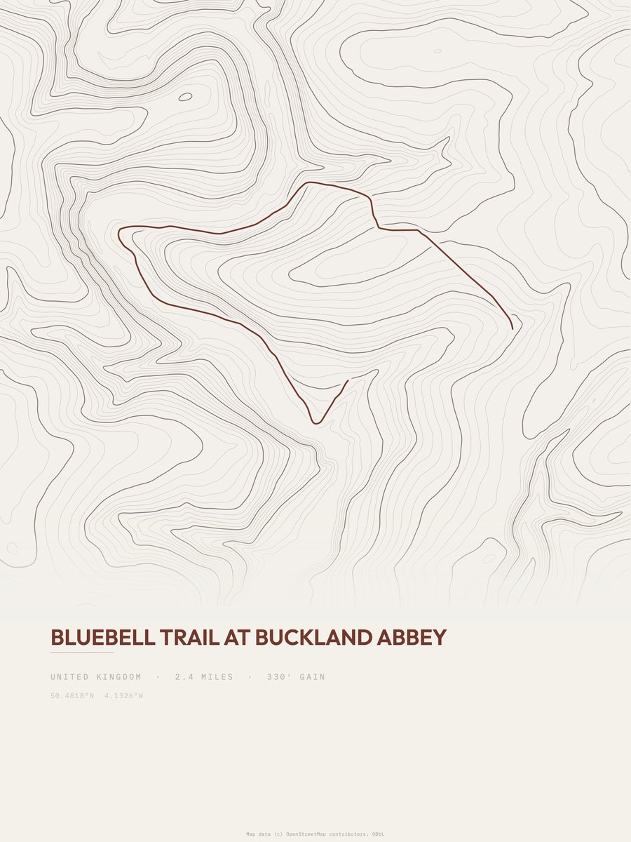 Bluebell trail at Buckland Abbey topographic trail print
