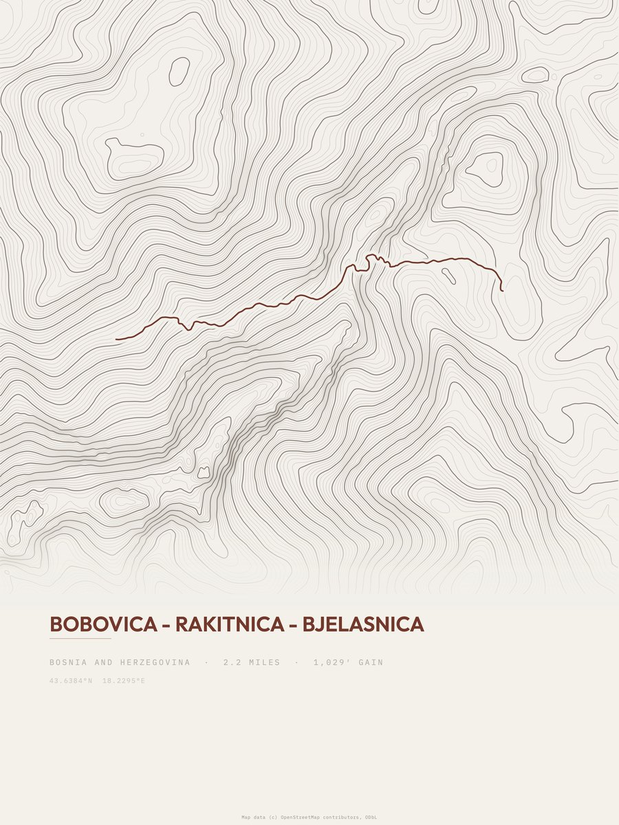Bobovica to Bjelasnica topographic trail print