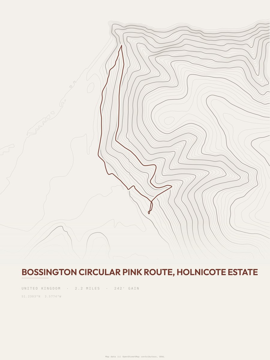 Bossington Circular Pink Route topographic trail print