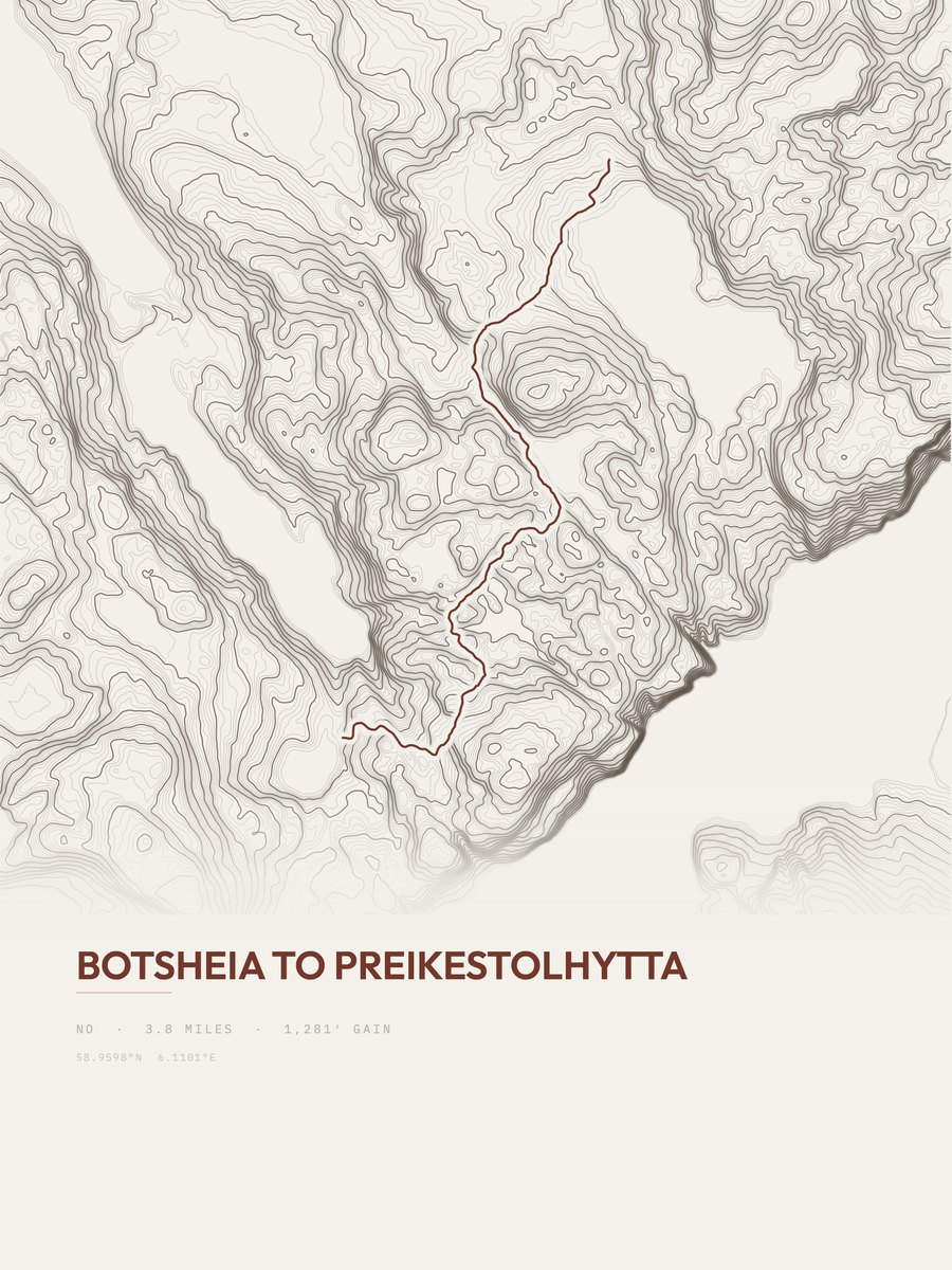 Botsheia to Preikestolhytta topographic trail print