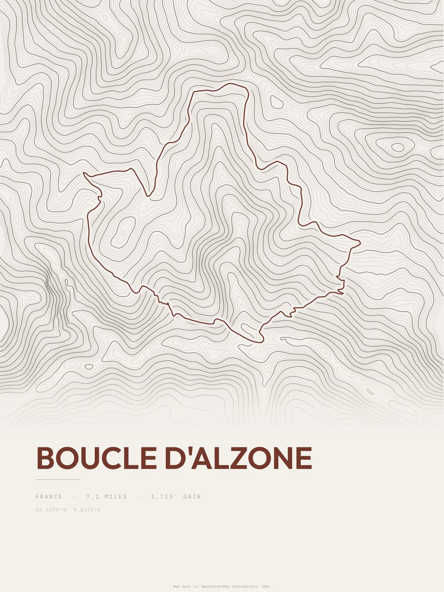 Boucle d'Alzone topographic trail print