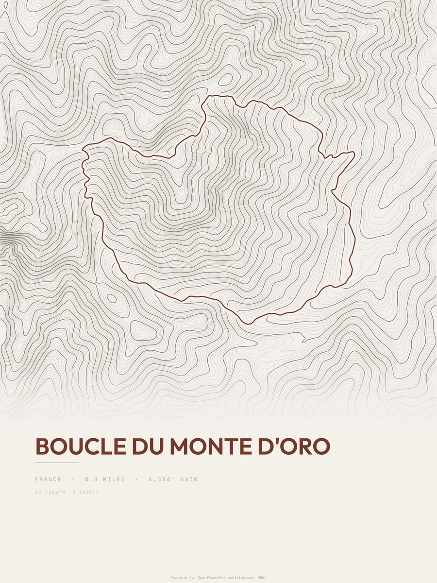 Boucle du Monte d'Oro topographic trail print