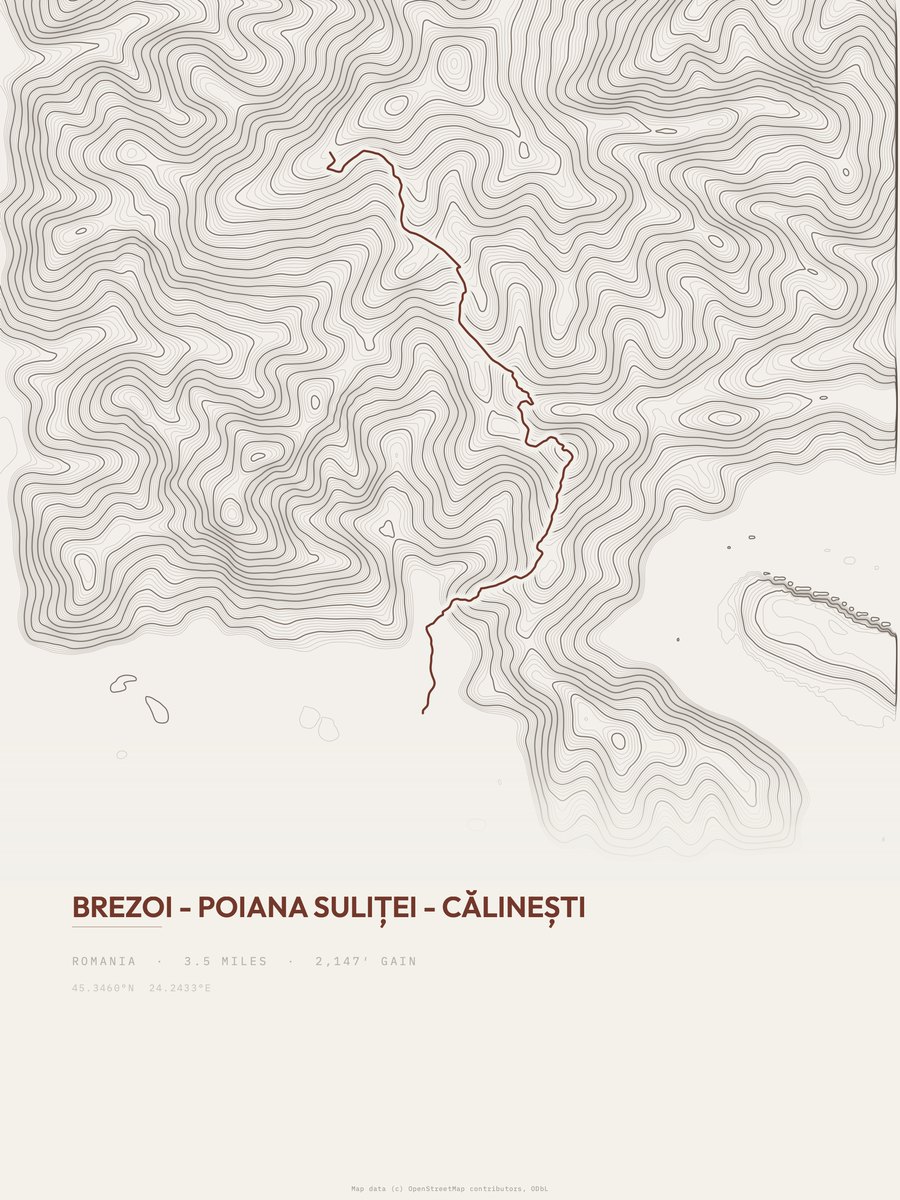 Brezoi to Călinești topographic trail print