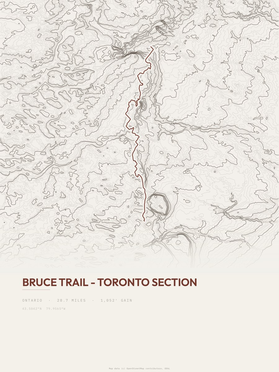 Bruce Trail - Toronto section topographic trail print