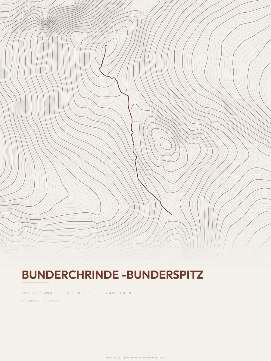 Bunderchrinde to Bunderspitz topographic trail print