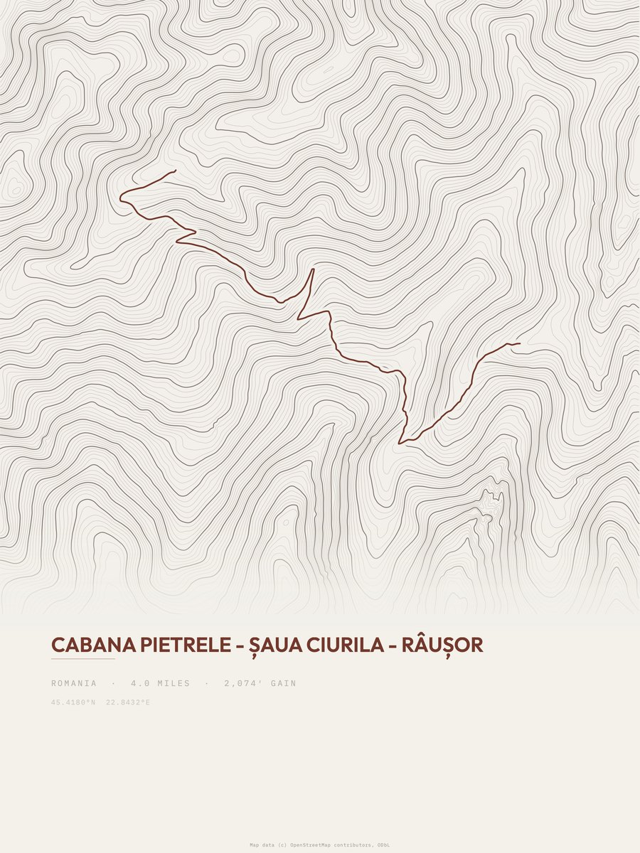 Cabana Pietrele to Râușor topographic trail print
