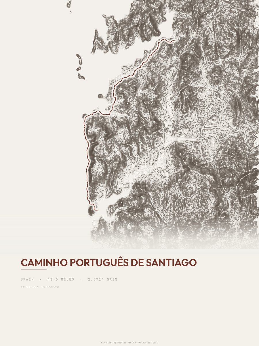 Caminho Português de Santiago Topographic print