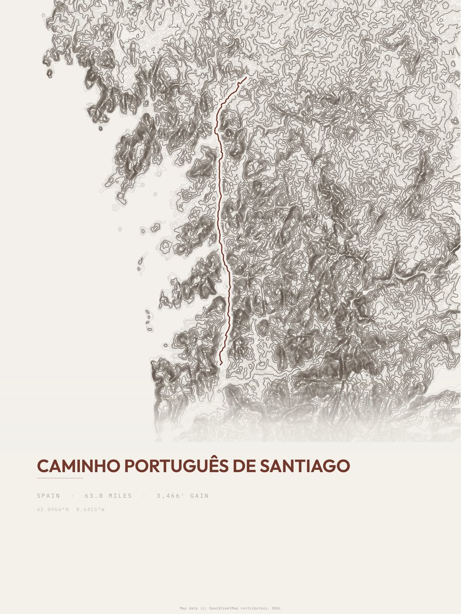 Caminho Português de Santiago Topographic print