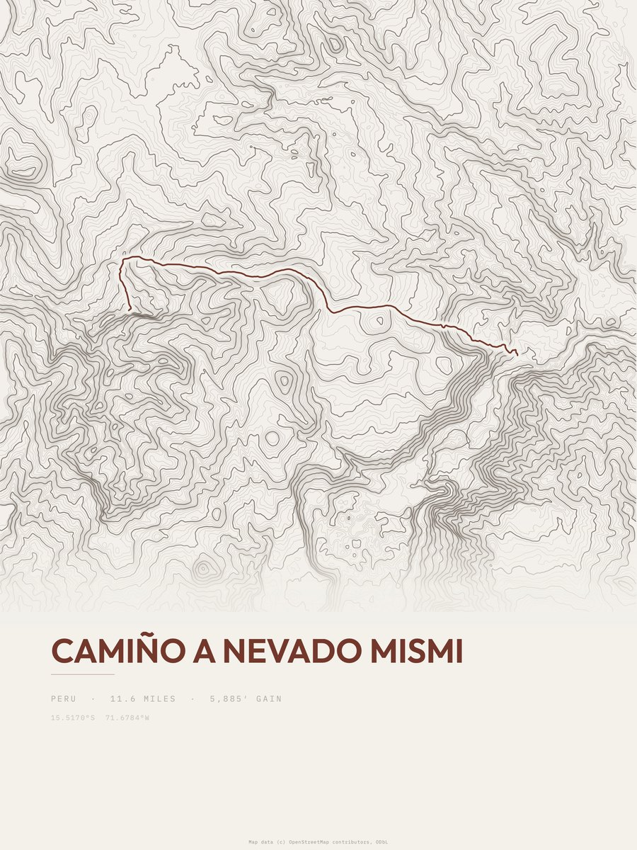 Camiño a Nevado Mismi topographic trail print