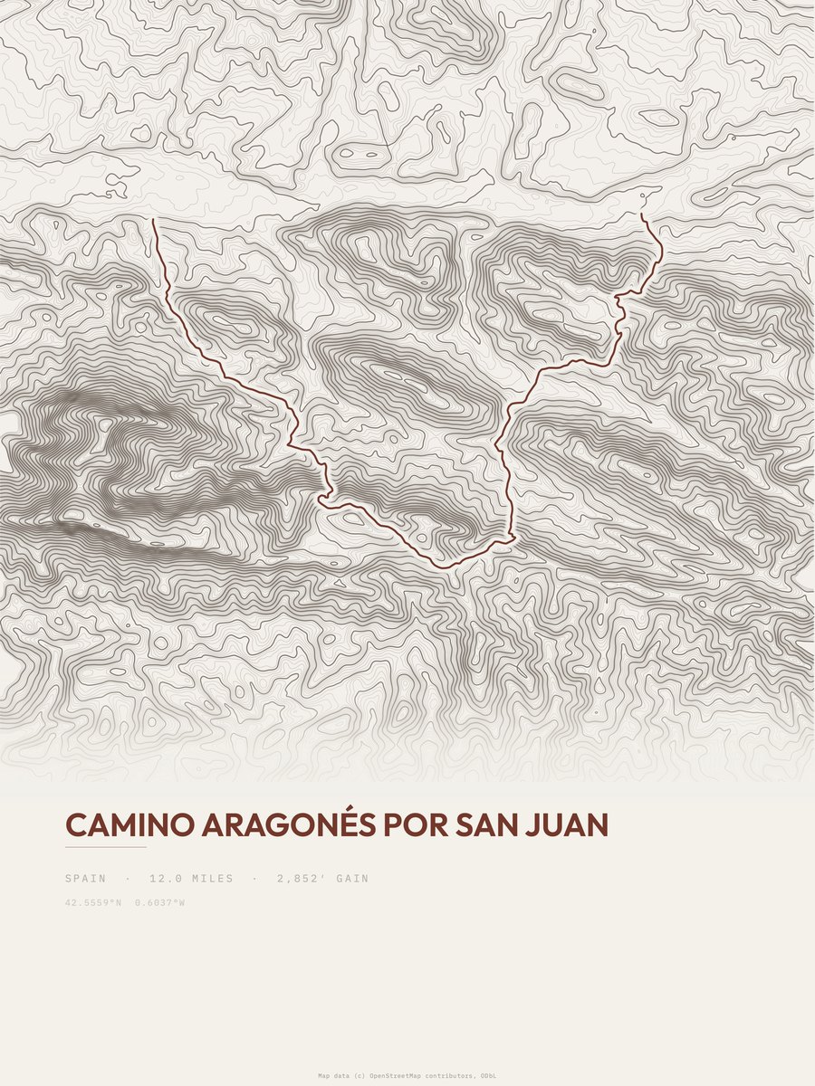 Camino Aragonés por San Juan topographic trail print
