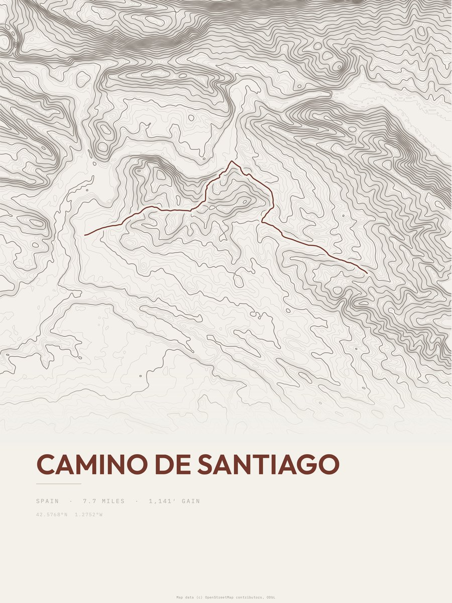 Camino de Santiago topographic trail print