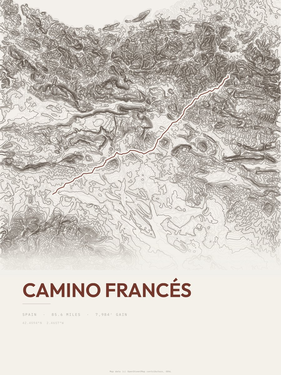Camino Francés topographic trail print