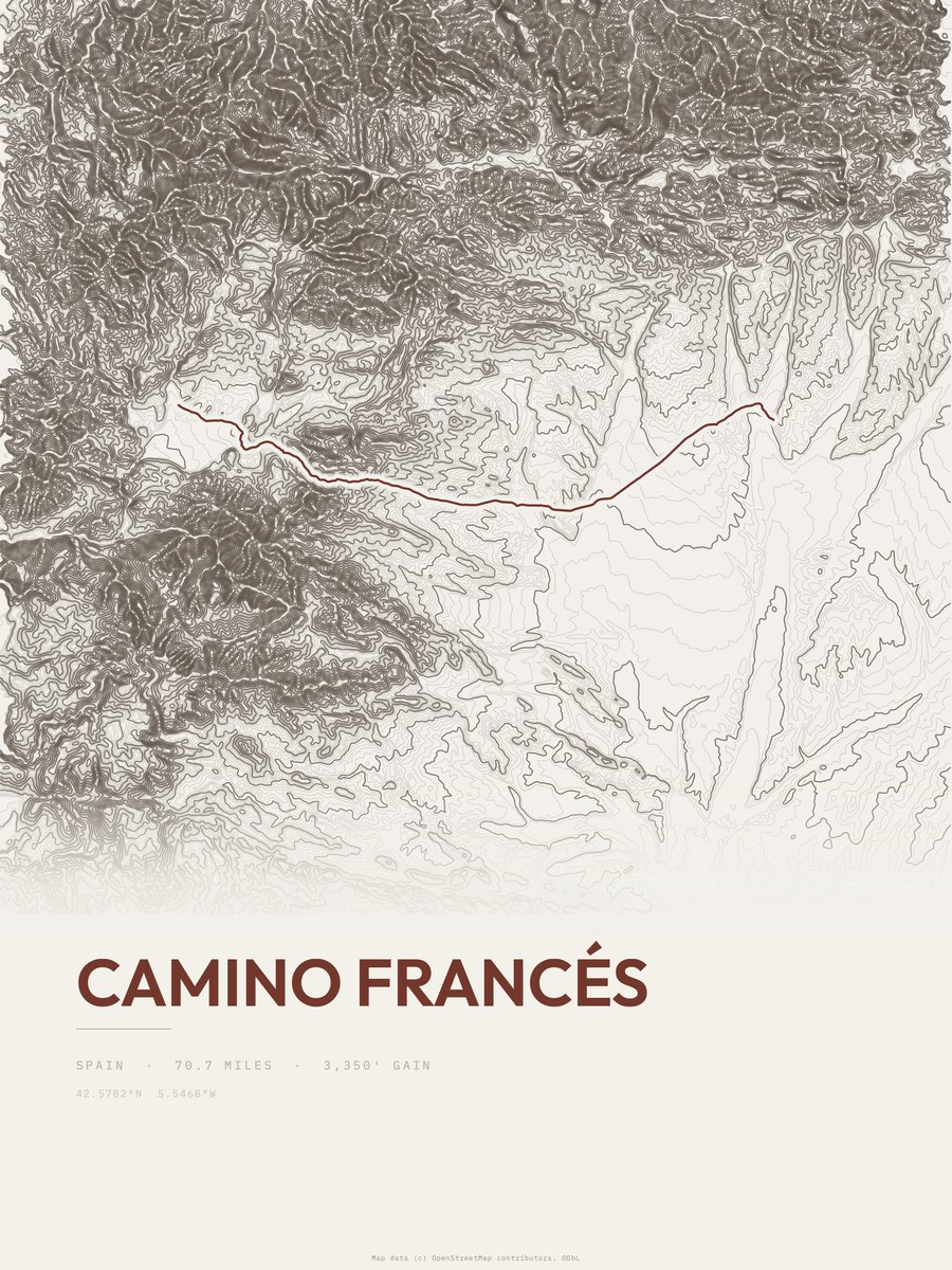 Camino Francés topographic trail print