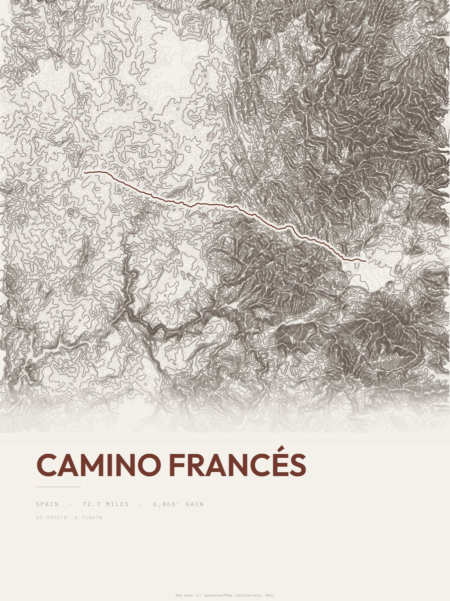 Camino Francés topographic trail print