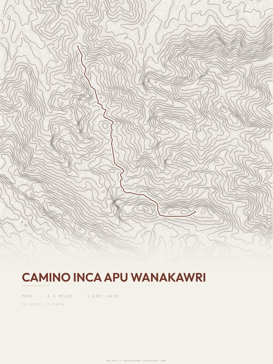 Camino Inca Apu Wanakawri topographic trail print