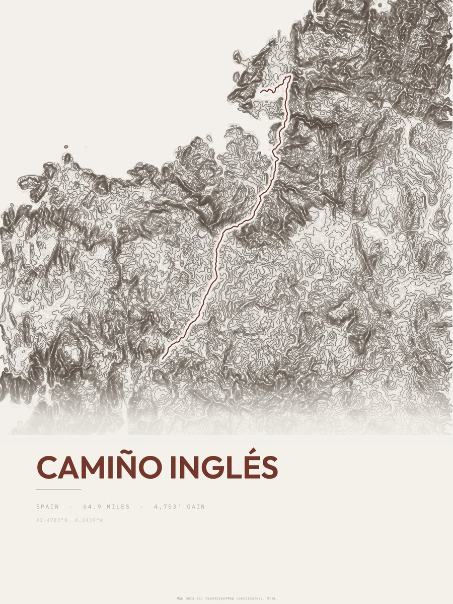 Camiño Inglés topographic trail print
