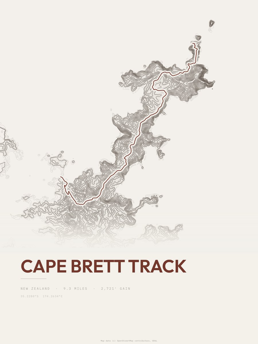 Cape Brett Track topographic trail print