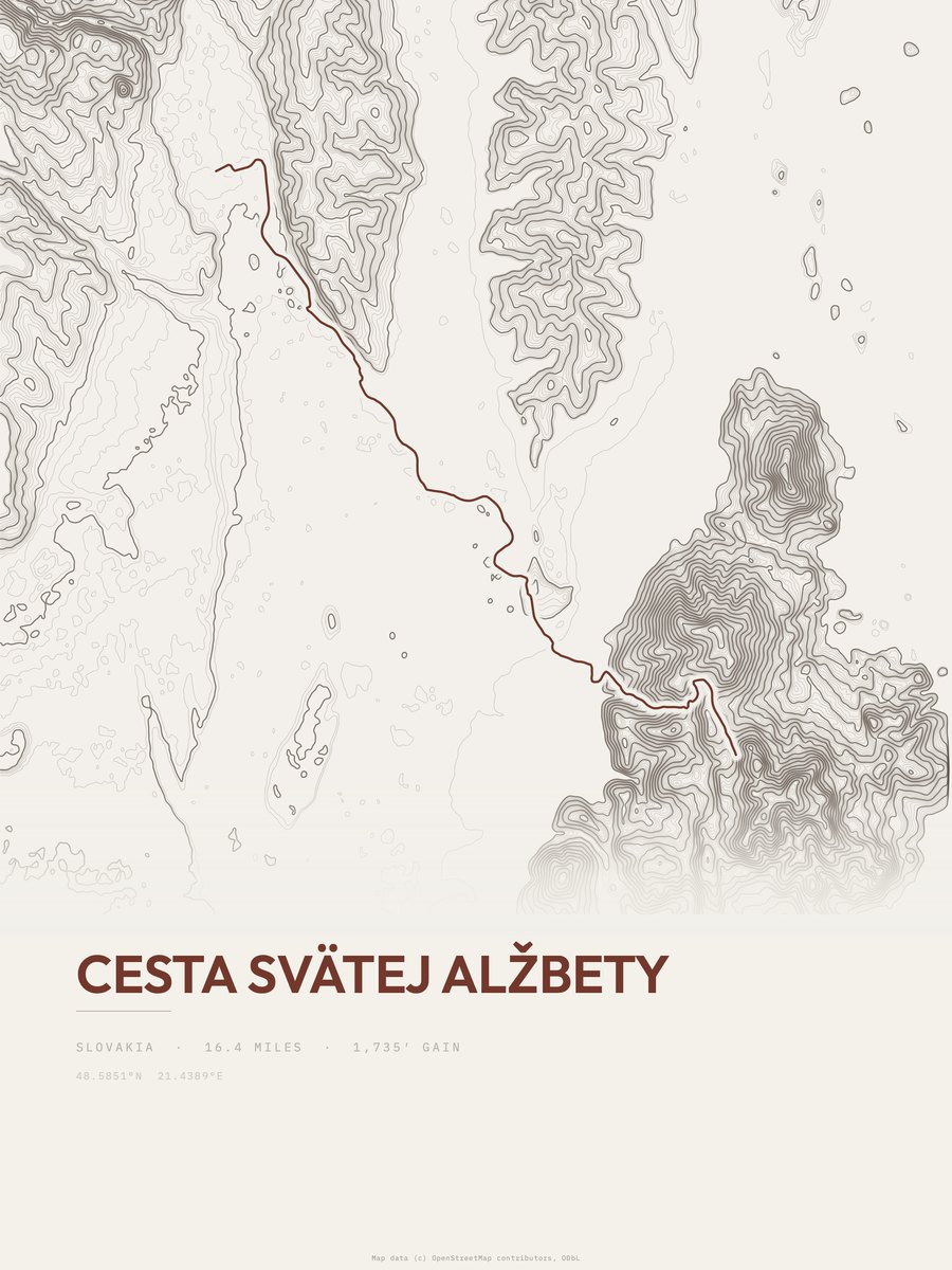 Cesta svätej Alžbety topographic trail print