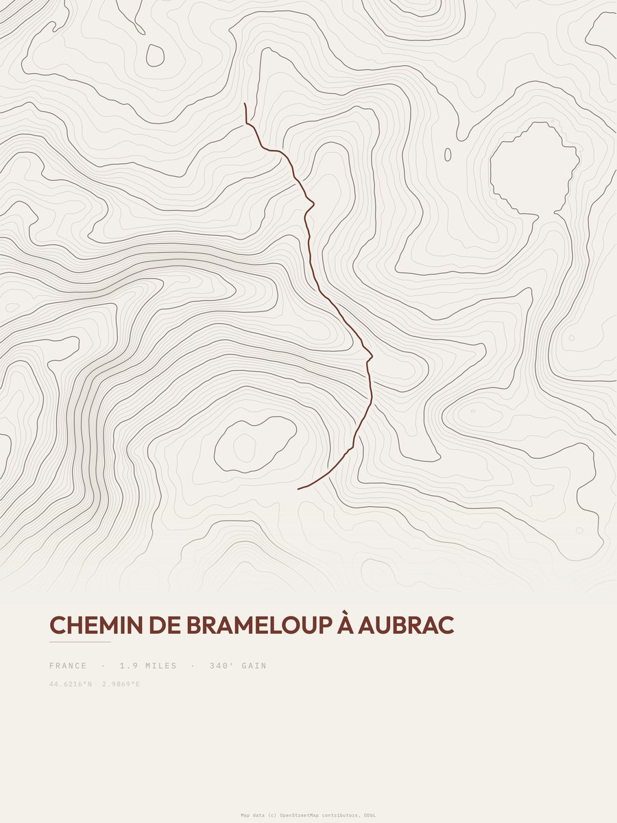 Chemin de Brameloup à Aubrac topographic trail print