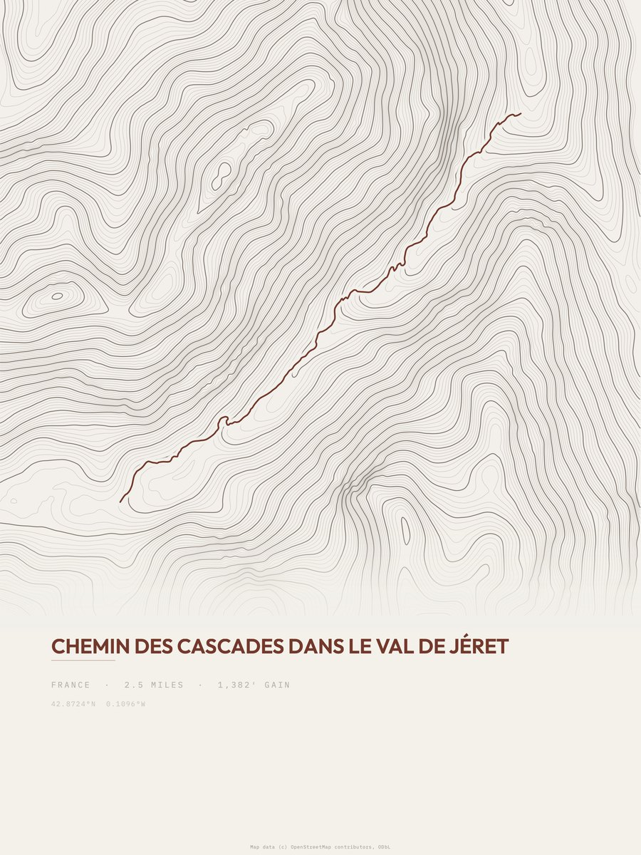 Chemin des Cascades topographic trail print