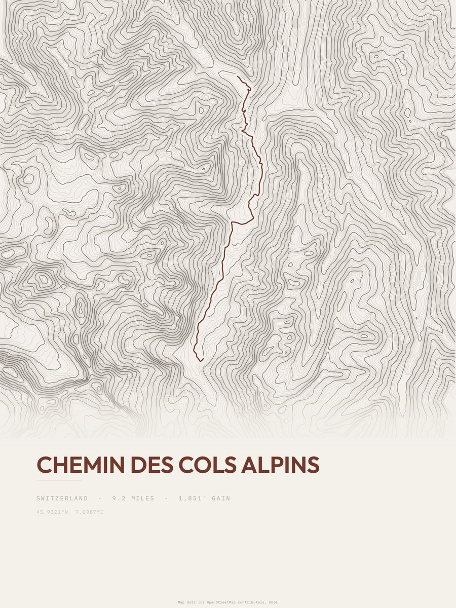 Chemin des cols alpins topographic trail print