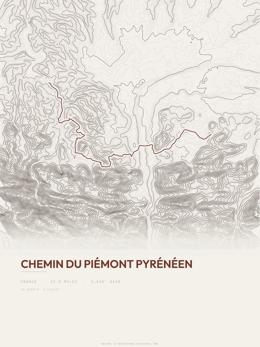 Chemin du Piémont Pyrénéen topographic trail print