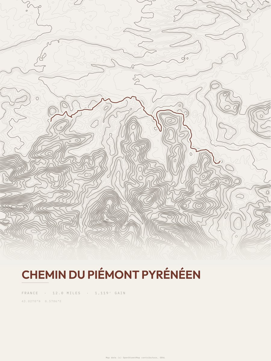 Chemin du Piémont Pyrénéen topographic trail print