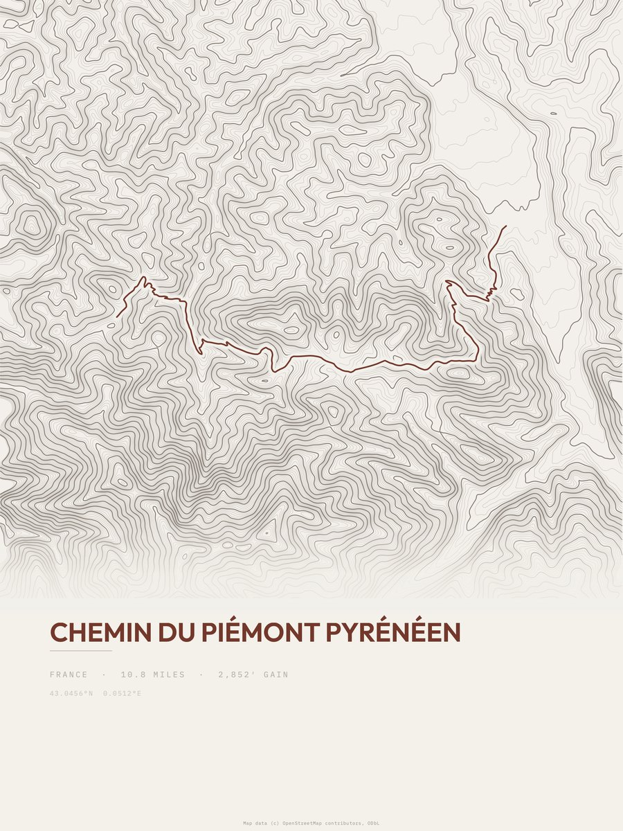 Chemin du Piémont Pyrénéen topographic trail print